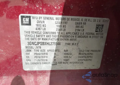 2017 Chevrolet Trax Lt из США, поврежденный, VIN 3GNCJPSBXHL275544